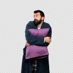 فایل لایه باز تبلیغاتی تصویر مردی با لباس خواب و بالش در بغل فایل لایه باز تبلیغاتی تصویر مردی با لباس خواب و بالش در بغل