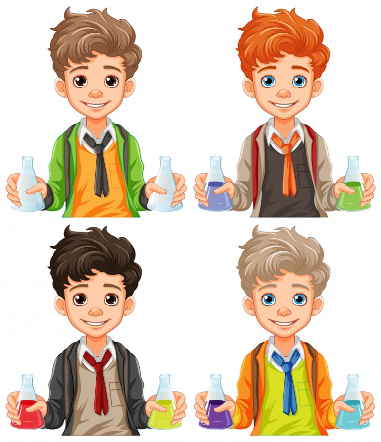 وکتور کارتونی پسر بچه در حال آزمایش شیمیایی