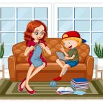 وکتور کاراکتر پسری که نشسته و از تبلت با مادرش یاد می گیرد