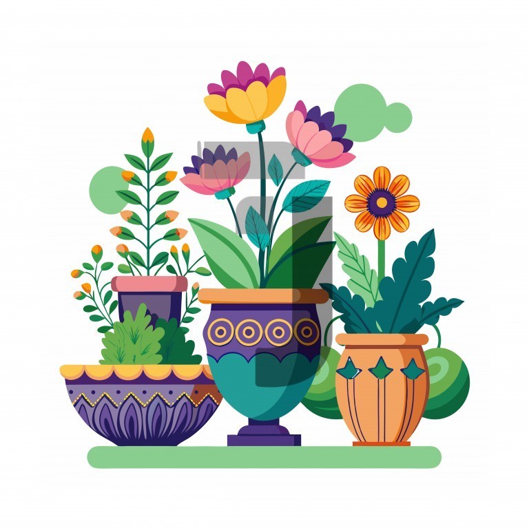 وکتور تصویر گلدان های رنگی با گیاهان سبز