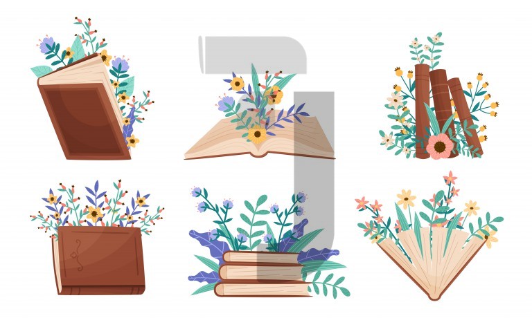 وکتور مجموعه کتاب‌های تزئین شده با گل