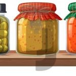 وکتور شیشه مربا و ترشی و زیتون روی قفسه چوبی