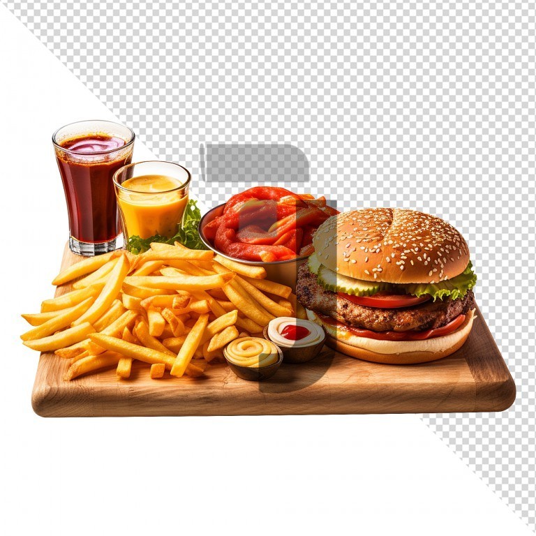فایل لایه باز تصویر همبرگر با سیب زمینی و نوشیدنی