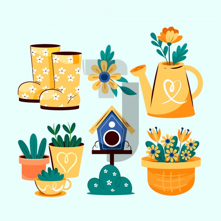 وکتور مجموعه عناصر باغبانی و کاشت گل