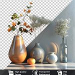 فایل لایه باز تصویر گلدان های شیشه ای نارنجی میز براق