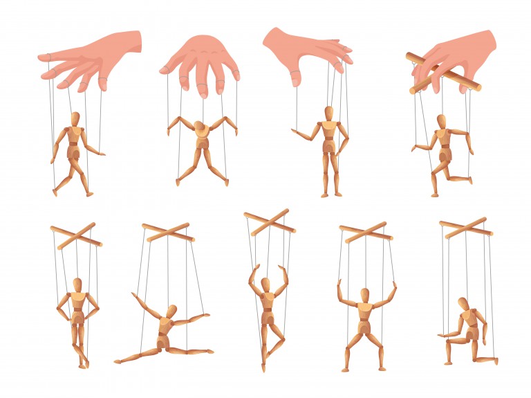 وکتور آدمک های چوبی خیمه‌شب‌بازی کنترل‌شده با نخ‌ها