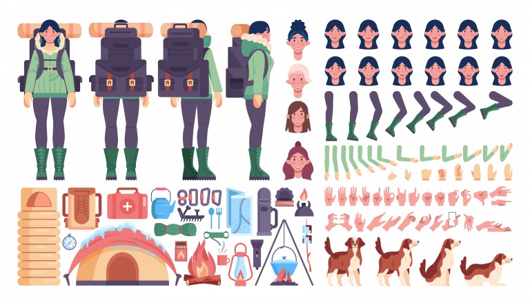 وکتور خانم کوهنوردی با لباس زمستانی و وسایل کمپ