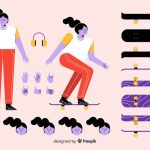 وکتور تصویر دختر اسکیت سوار در حالت های مختلف