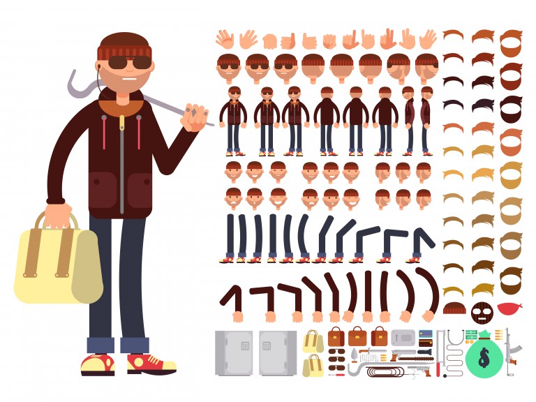 وکتور شخصیت دزد با حالت بدنی مختلف مناسب انیمیشن