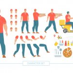 وکتور کاراکتر پیک موتوری پیتزا فروشی با حالت های بدنی مختلف