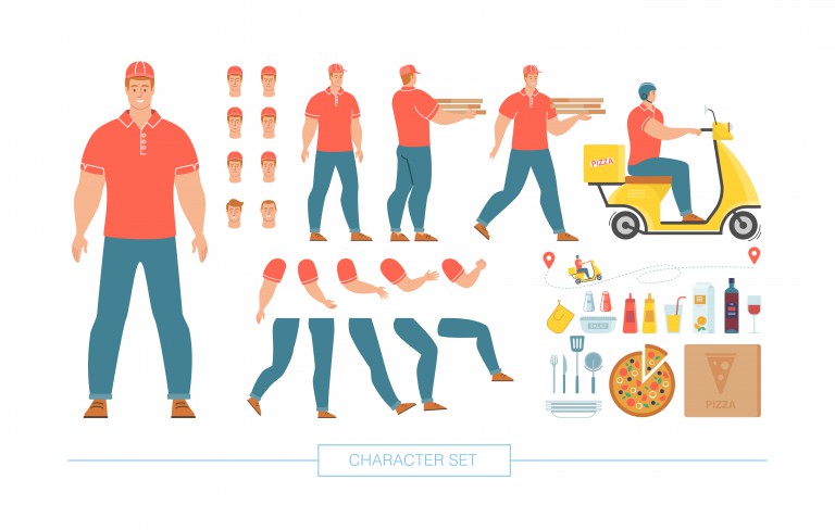 وکتور کاراکتر پیک موتوری پیتزا فروشی با حالت های بدنی مختلف