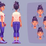 وکتور طراحی کارتونی شخصیت زن در نماهای مختلف