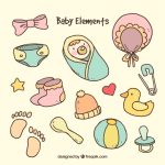 وکتور مجموعه لوازم کودک با دست کشیده شده