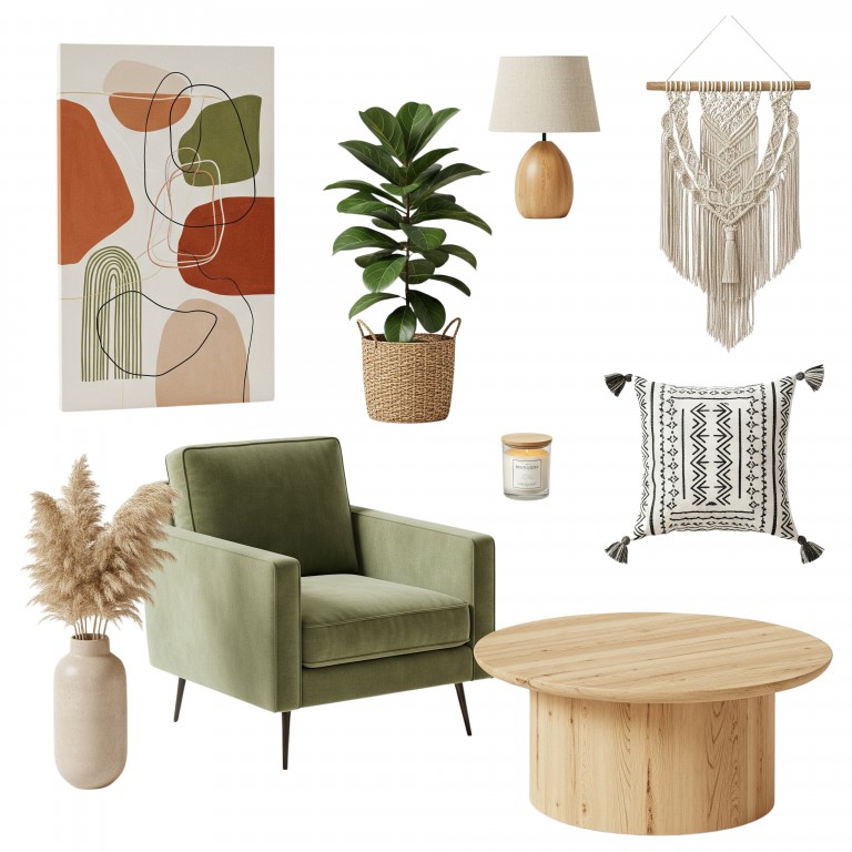 فایل لایه باز چیدمان دکوراسیون اتاق نشیمن با طرح بوهو