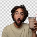 فایل لایه باز مرد جوان ریش‌دار با میلک شیک شکلاتی