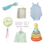 وکتور آبرنگی مجموعه لباس و لوازم کودک