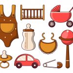 وکتور مجموعه لوازم نوزاد به سبک کارتونی