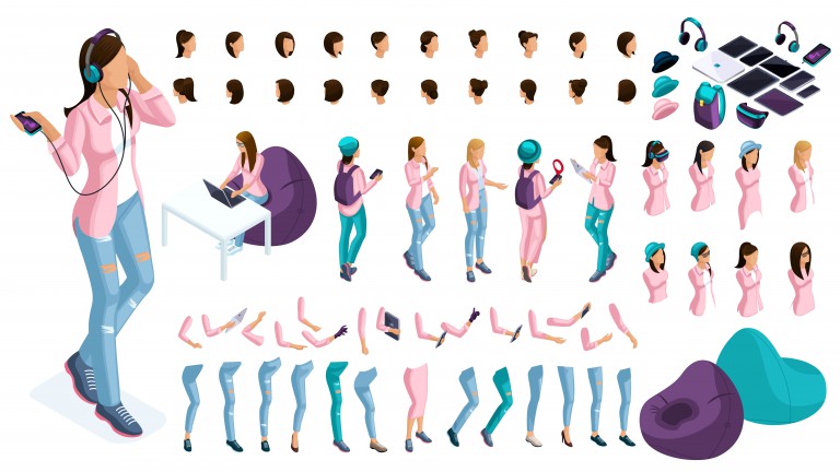 وکتور تصویر ایزومتریک حرکات دست و پا دختر نوجوان