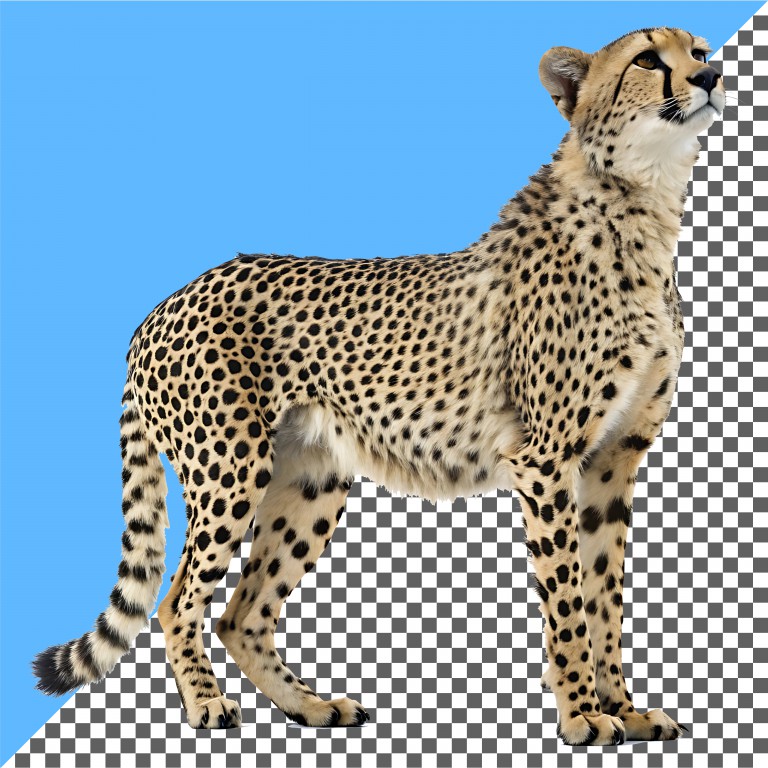 فایل لایه باز یوز پلنگ ایستاده با پس زمینه شفاف و آبی