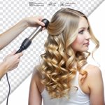 فایل لایه باز زن جوان درحال اتو کشیدن و فر کردن موهایش