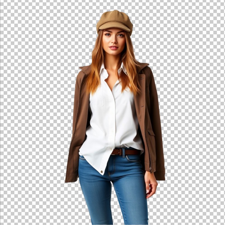 فایل لایه باز تصویر خانم جوان با کت قهوه ای و شلوار جین آبی