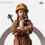 فایل لایه باز دختر کوچک با لباس کار و کلاه زرد ایمنی