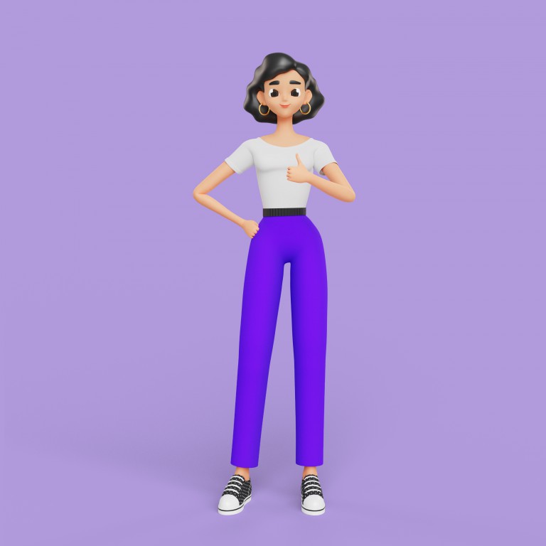 فایل لایه باز شخصیت کارتونی زن ژست گرفته با پس زمینه بنفش