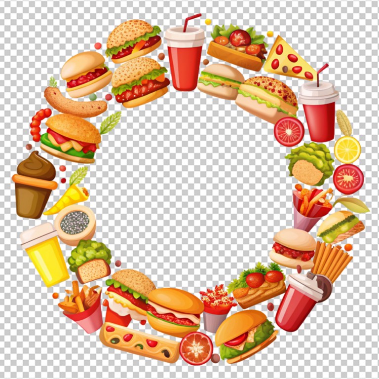 فایل لایه باز قاب دایره ای شکل طرح غذا و فست فود