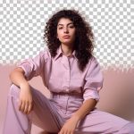 فایل لایه باز تصویر خانم جوان با موهای فر و استایل بنفش فایل لایه باز تصویر خانم جوان با موهای فر و استایل بنفش