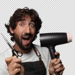 فایل لایه باز مرد آرایشگر قیچی و سشوار به دست درحال تعجب فایل لایه باز مرد آرایشگر قیچی و سشوار به دست درحال تعجب