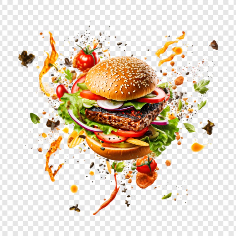 فایل لایه باز تصویر همبرگر در حال انفجار