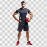فایل لایه باز مرد ورزشکار ایستاده همراه با توپ فایل لایه باز مرد ورزشکار ایستاده همراه با توپ