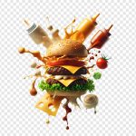 فایل لایه باز تصویر برگر پاشیده شده در هوا فایل لایه باز تصویر برگر پاشیده شده در هوا