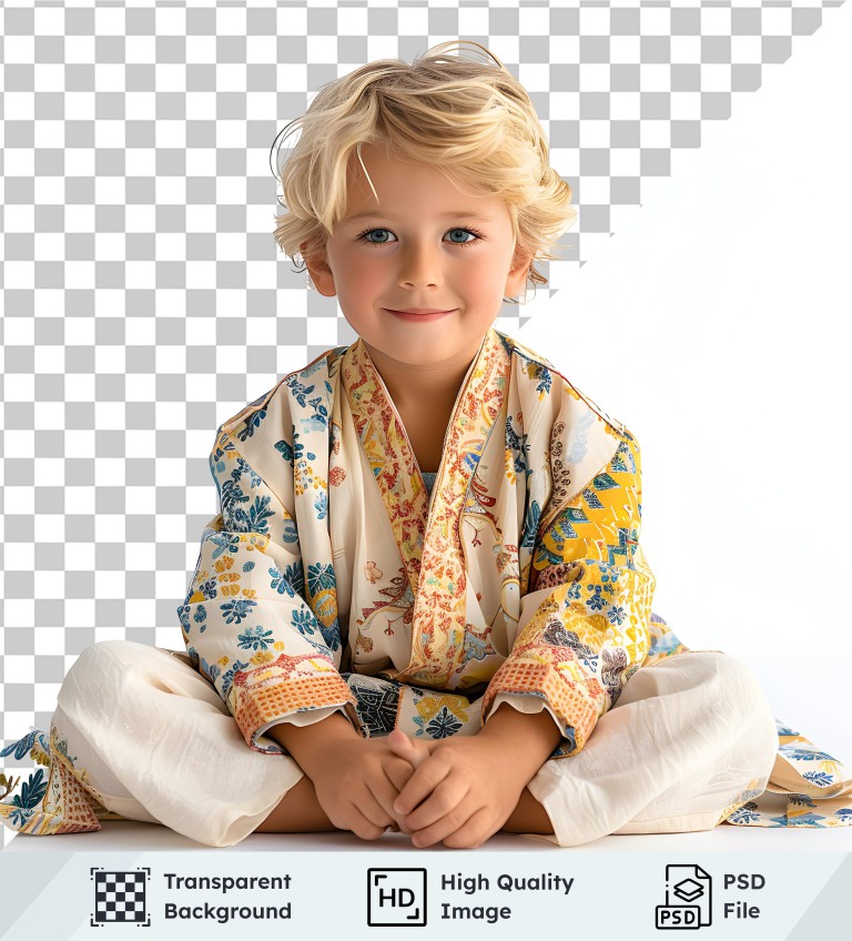 فایل لایه باز تصویر پسربچه با شلوار سفید با کیمونو طرح گلدار