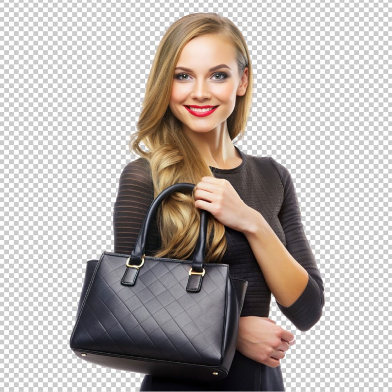 فایل لایه باز خانم با کیف مشکی و پس زمینه شفاف