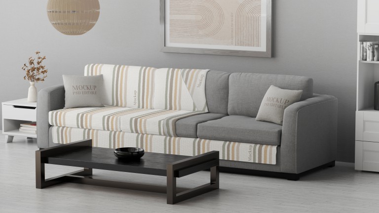 فایل لایه باز موکاپ مبل سه نفره در زاویه پرسپکتیو