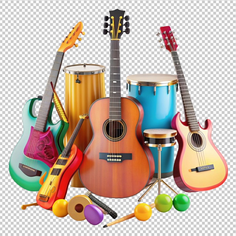 فایل لایه باز مجموعه از وسایل موسیقی در کنار هم
