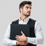 فایل لایه باز مرد جوان با جلیقه مشکی و پیراهن سفید