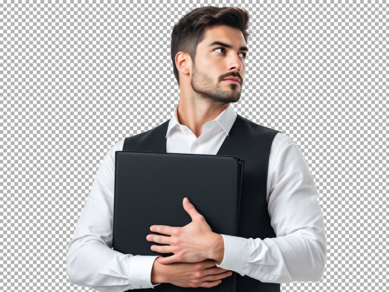 فایل لایه باز مرد جوان با جلیقه مشکی و پیراهن سفید