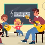 وکتور مدرس موسیقی درحال آموزش گیتار به هنرجو های خردسال وکتور مدرس موسیقی درحال آموزش گیتار به هنرجو های خردسال