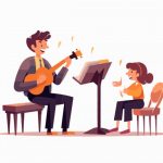 وکتور معلم گیتار درحال آموزش دادن به دختر خردسال وکتور معلم گیتار درحال آموزش دادن به دختر خردسال