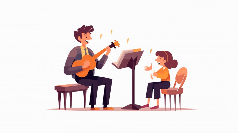 وکتور معلم گیتار درحال آموزش دادن به دختر خردسال
