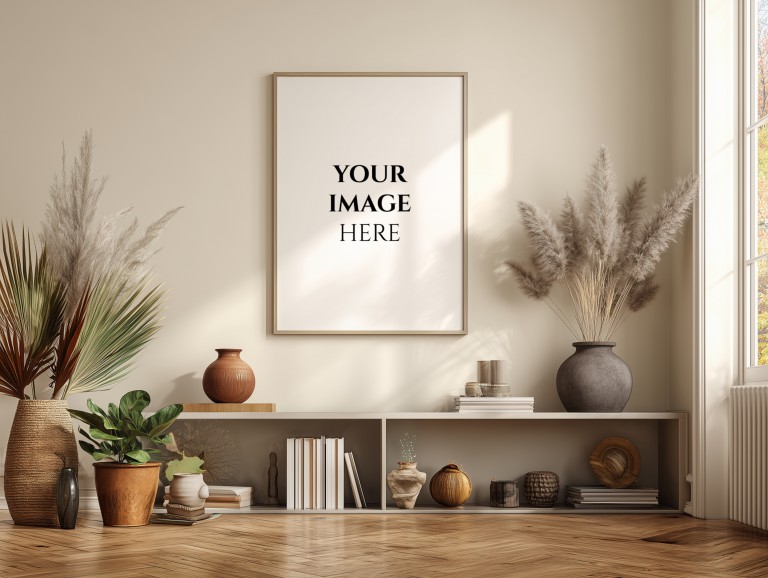 فایل لایه باز تصویر موکاپ قاب عکس در اتاق نشیمن