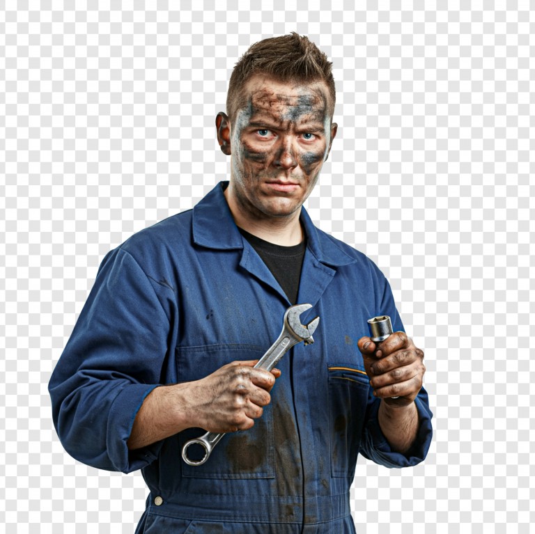 فایل لایه باز تعمیرکار مرد آچار به دست درحال نگاه کردن به دوربین