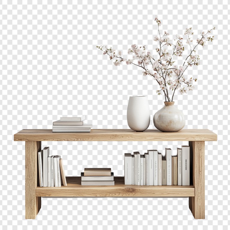 فایل لایه باز میز کنسول چوبی با کتاب گلدان با شکوفه های سفید