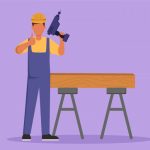 وکتور کاراکتر مرد نجار ایستاده با دریل وکتور کاراکتر مرد نجار ایستاده با دریل