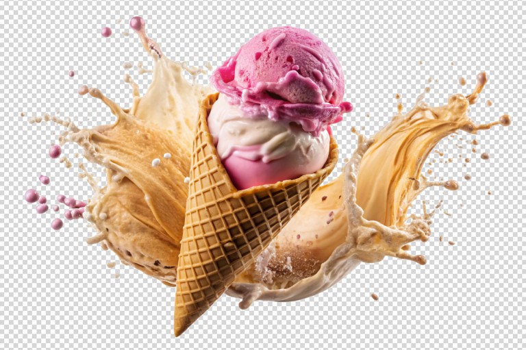 فایل لایه باز تصویر جذاب و خوش‌ رنگ‌ و بستنی قیفی همراه با افکت پاشش
