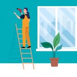 وکتور کارتون تصویر زن روی نردبان در حال سوراخ کردن دیوار با دریل وکتور کارتون تصویر زن روی نردبان در حال سوراخ کردن دیوار با دریل