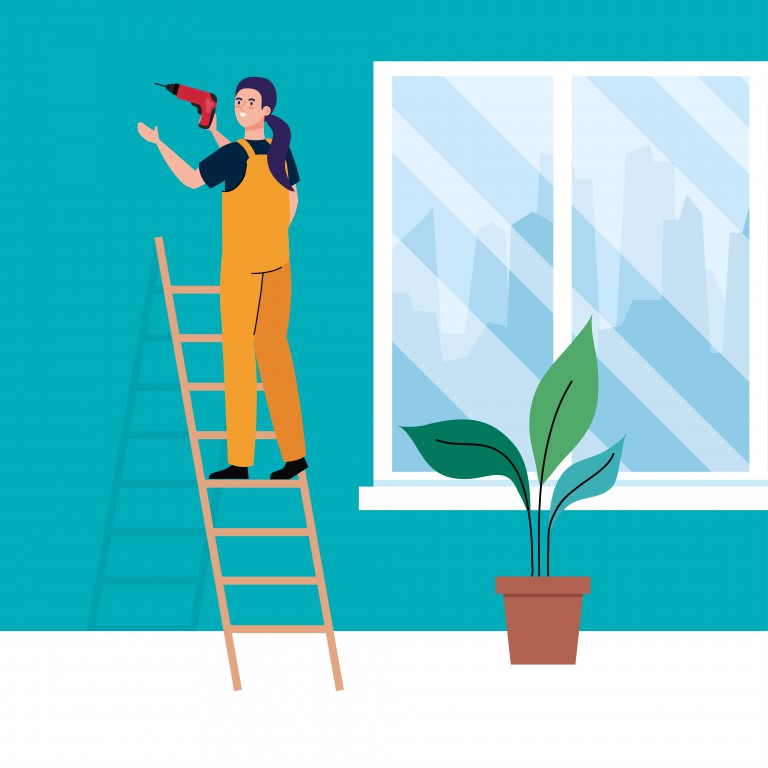 وکتور کارتون تصویر زن روی نردبان در حال سوراخ کردن دیوار با دریل