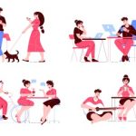 وکتور مجموعه کارهای روتین روزانه مرد زن با نمادهای جدا شده